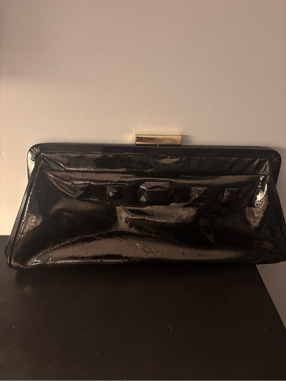 Anya Hindmarch Black Patent Leather Clutch with Faceted Studs